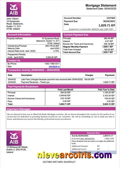 Ireland Allied Irish Banks mortgage statement Word and PDF template